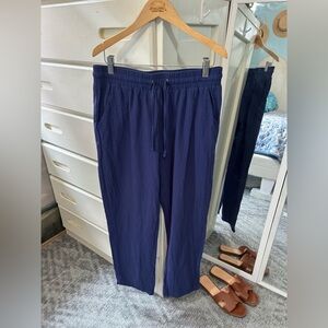 Navy Linen Relaxed Leg Cropped Lightweight Pants Elastic Drawstring Tie Summer✨
